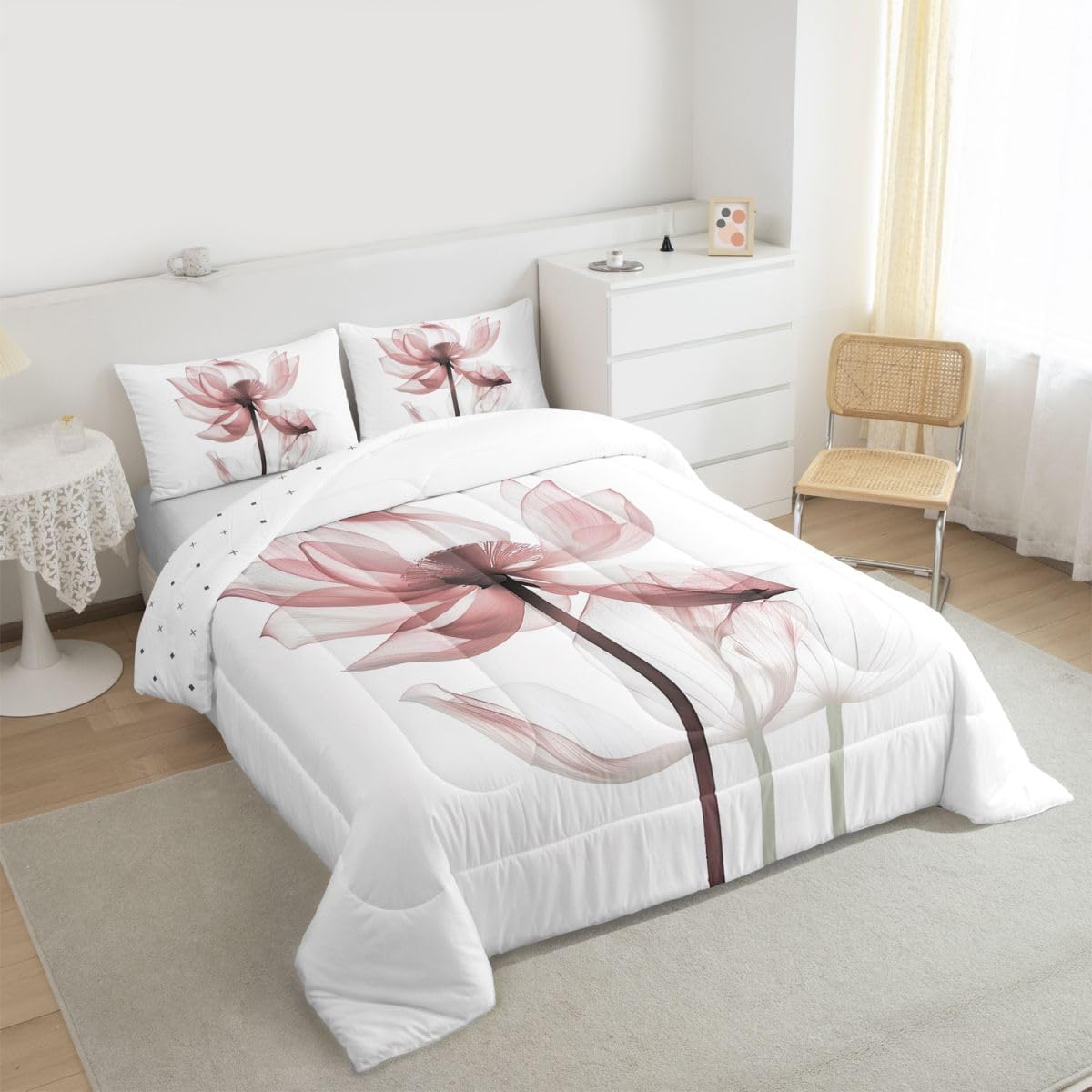 jejeloiu Abstract Floral Comforter Set All Season Modern Art Bedding Set with 1 Pillow Cases Pink Flower Microfiber Kids Toddler Bedclothes Bedroom Decor Duvet Quilt Breathable Soft Lightweight