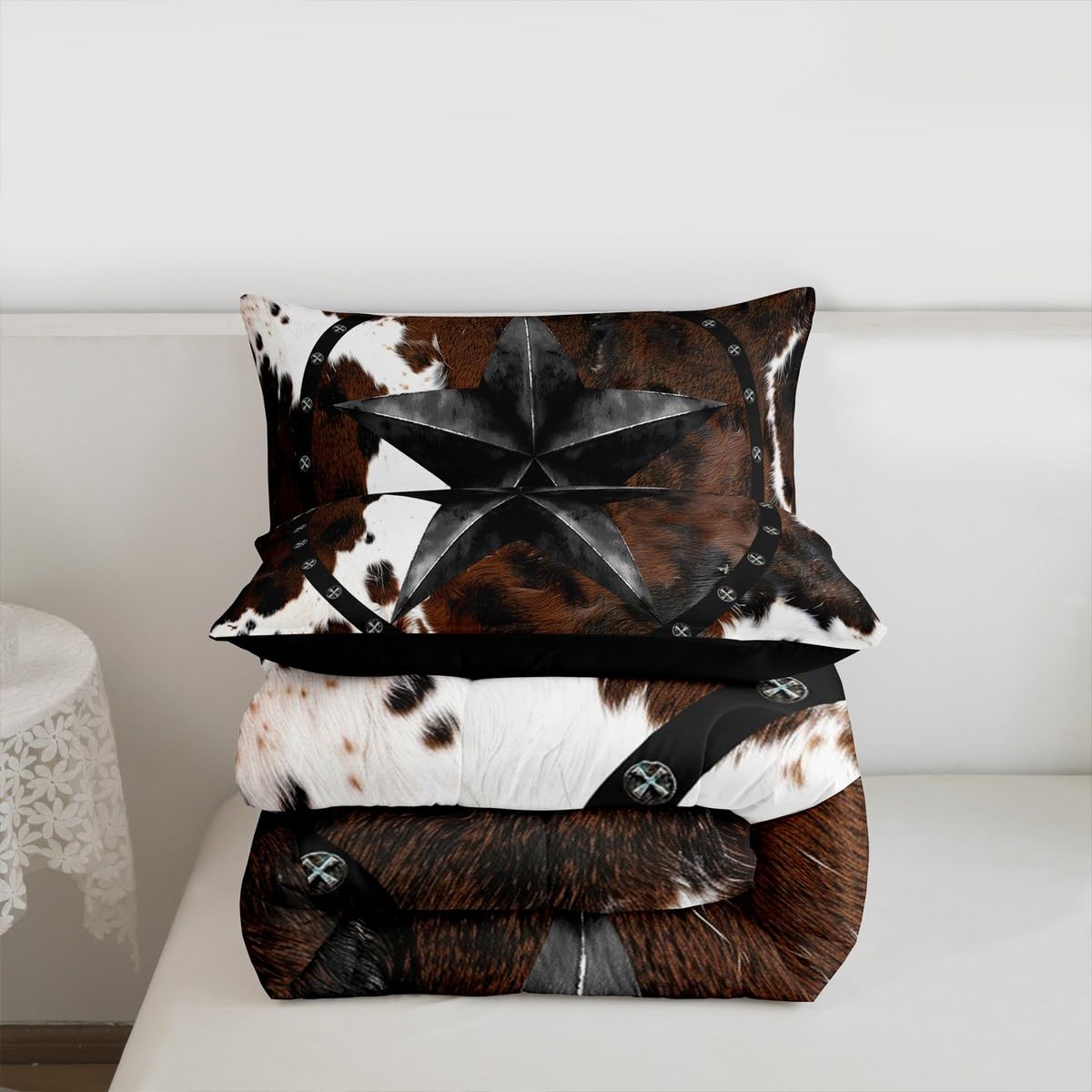 jejeloiu Texas Star Bedding Set Soft for Boys Girls, Western Cowhide Comforter Set Queen Size Farmhouse Rustic Duvet Quilt Microfiber Cow Fur Print Bedroom Decor 3 Pcs with 2 Pillow Cases