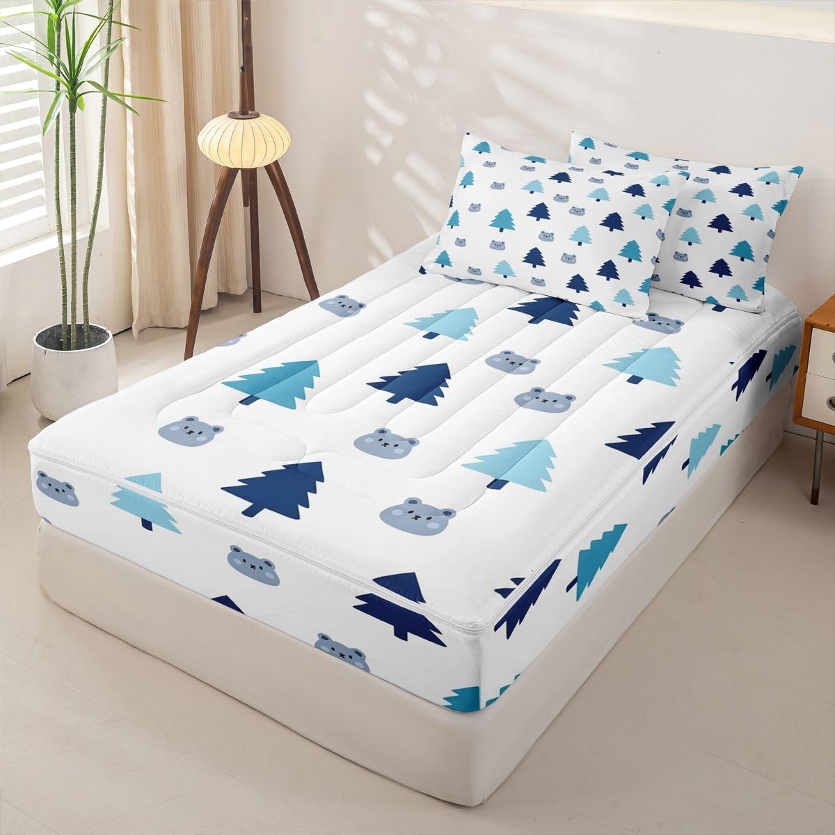 jejeloiu Cute Bear Comforter Set Twin Size Zipper Bedding Set for Girls Boys Tree Pattern Comforter with Fitted Sheet, Pillowcases Blue White Zipper Bedding Soft Breathable Wild Animal Bed in a Bag