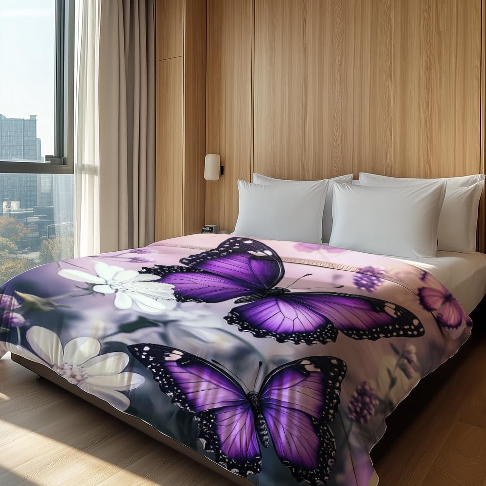 HUNXIAOJ Butterfly Throw Blanket for Women Butterfly Floral Blanket Romantic Gifts Warm Soft Flannel for Girls Boys Women Teens Adults Bed Sofa Couch (50 in x 60 in)