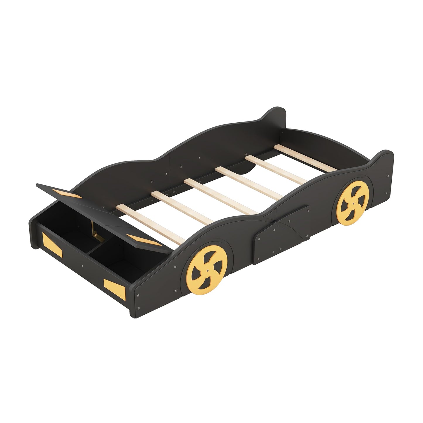 Acosure Twin Size Race Car Bed Platform Bed with Wheels and Storage,Wood Bed Frame W/Wood Slats Support,for Kids Boys Girls Teens,Box Spring Not Required,Black+Yellow