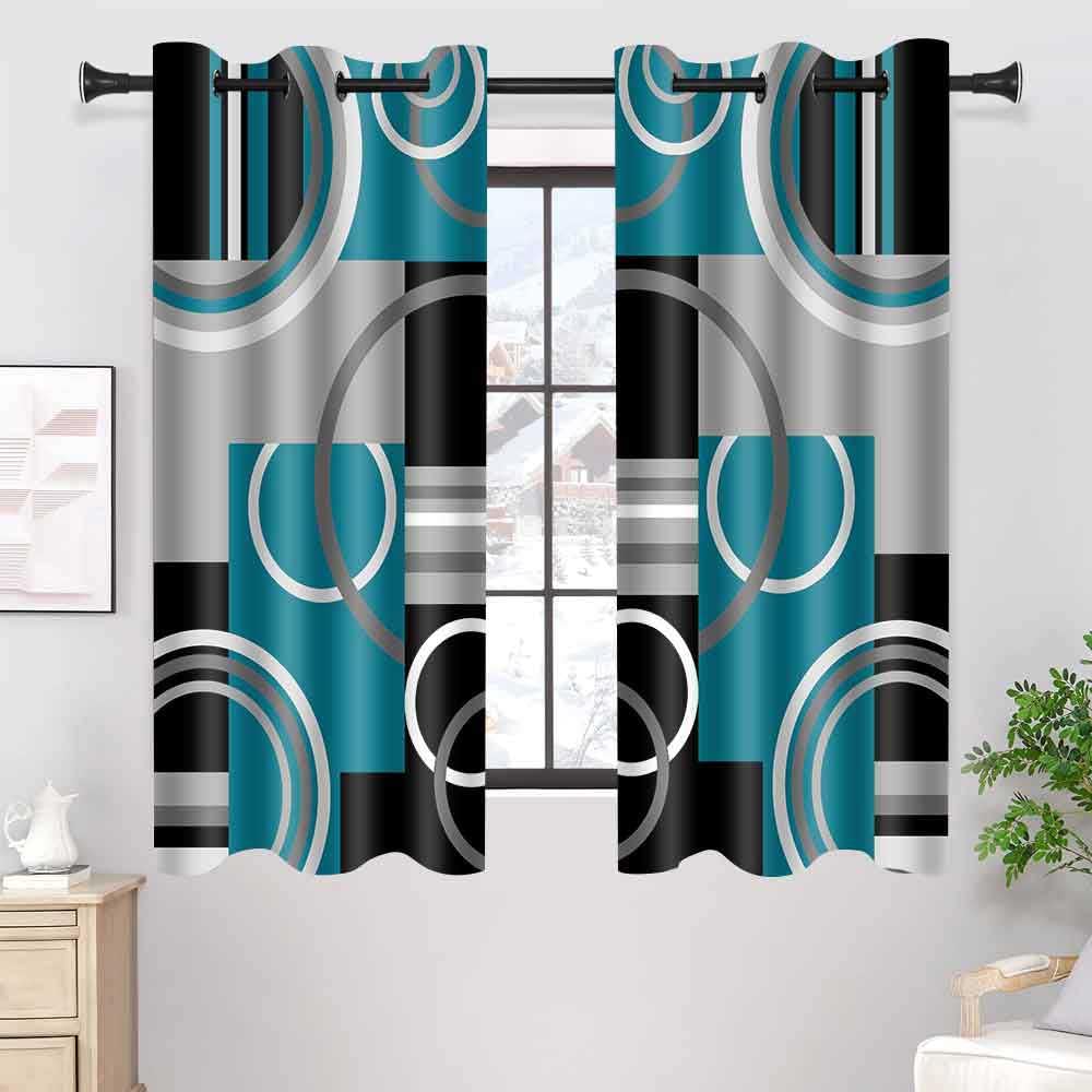 EOTDMS Teal Gray Geometric Blackout Curtains for Bedroom, White Gray Modern Abstract Plaid Circle Room Darkening Curtain Thermal Insulated Window Drapes for Living Room, 2 Panels, 42x63 inches Length