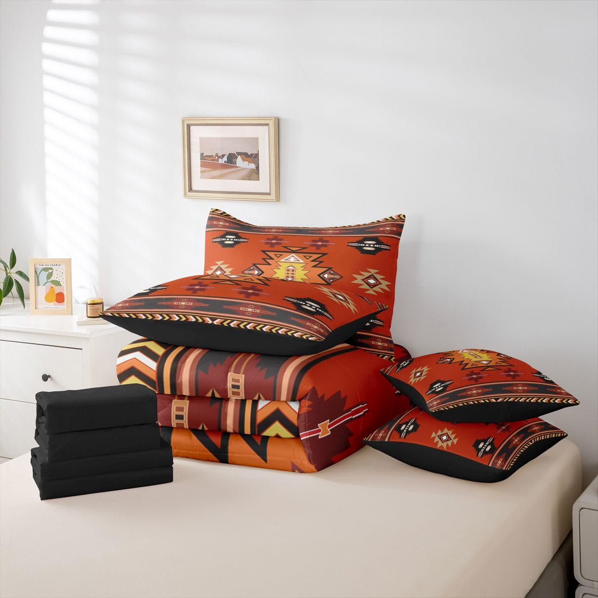 Erosebridal Western Twin Comforter Set with Sheets | Boho Decor Geometric 7 Piece Bedding Set Bohemian Aztec Bed in a Bag, Ethnic Tribal Arrow Room Decor,Red