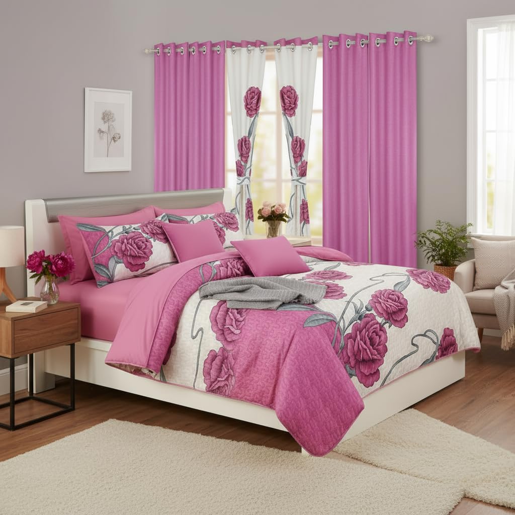 Elegant pink Rose Queen Light Comforter Set, Luxury 9-Piece Bed in a Bag Cal Queen Bedspread with Matching Curtains, Ultra Soft & Breathable Botanical Bedding, All-Season Decor for Master Suite