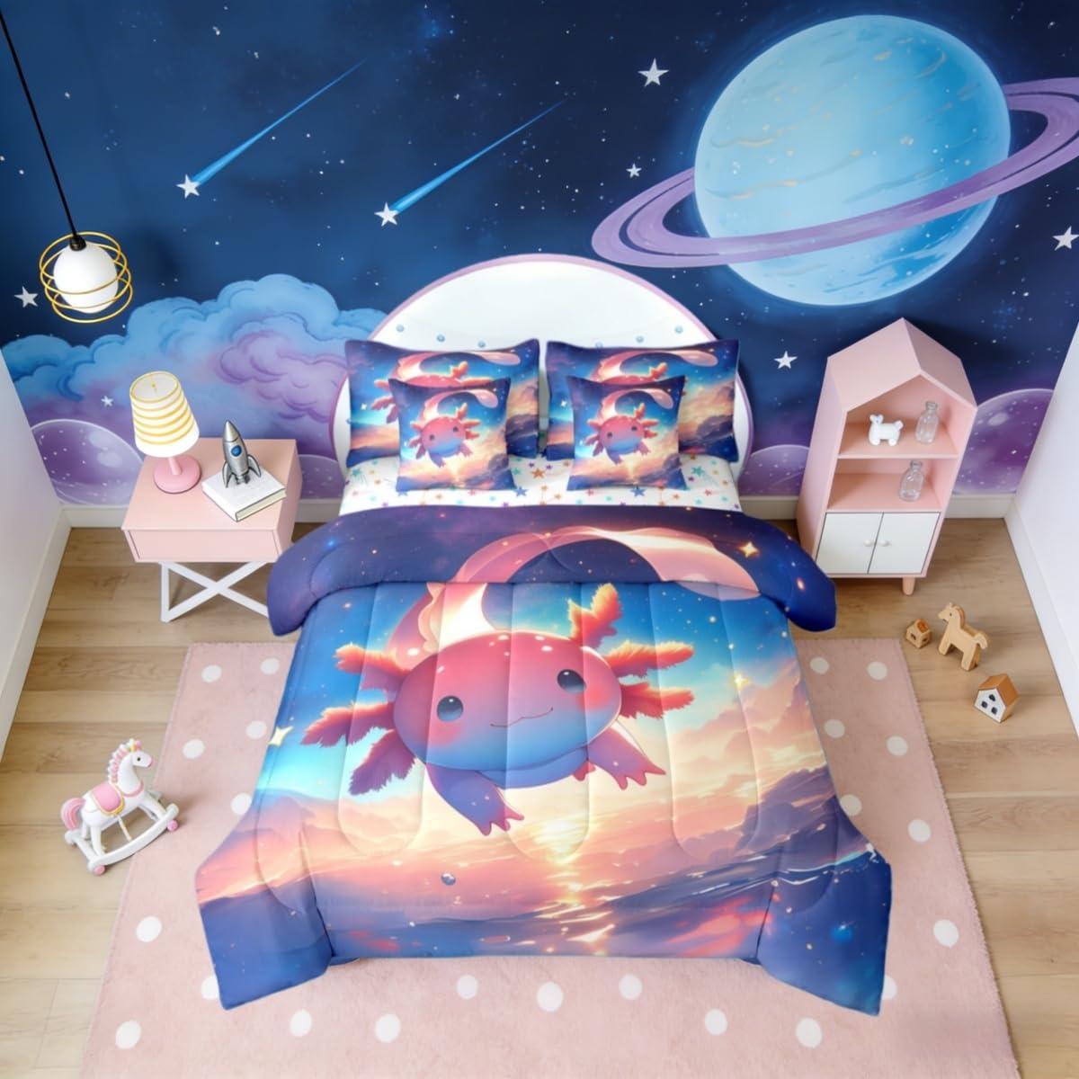 Erosebridal Ombre Axolotl Pink Blue Girls Kids 7 Piece Bedding Set Twin | Cartoon Animal Comforter Set with Sheets Dreamy Starry Bed in A Bag Galaxy Cloud Bed Sets