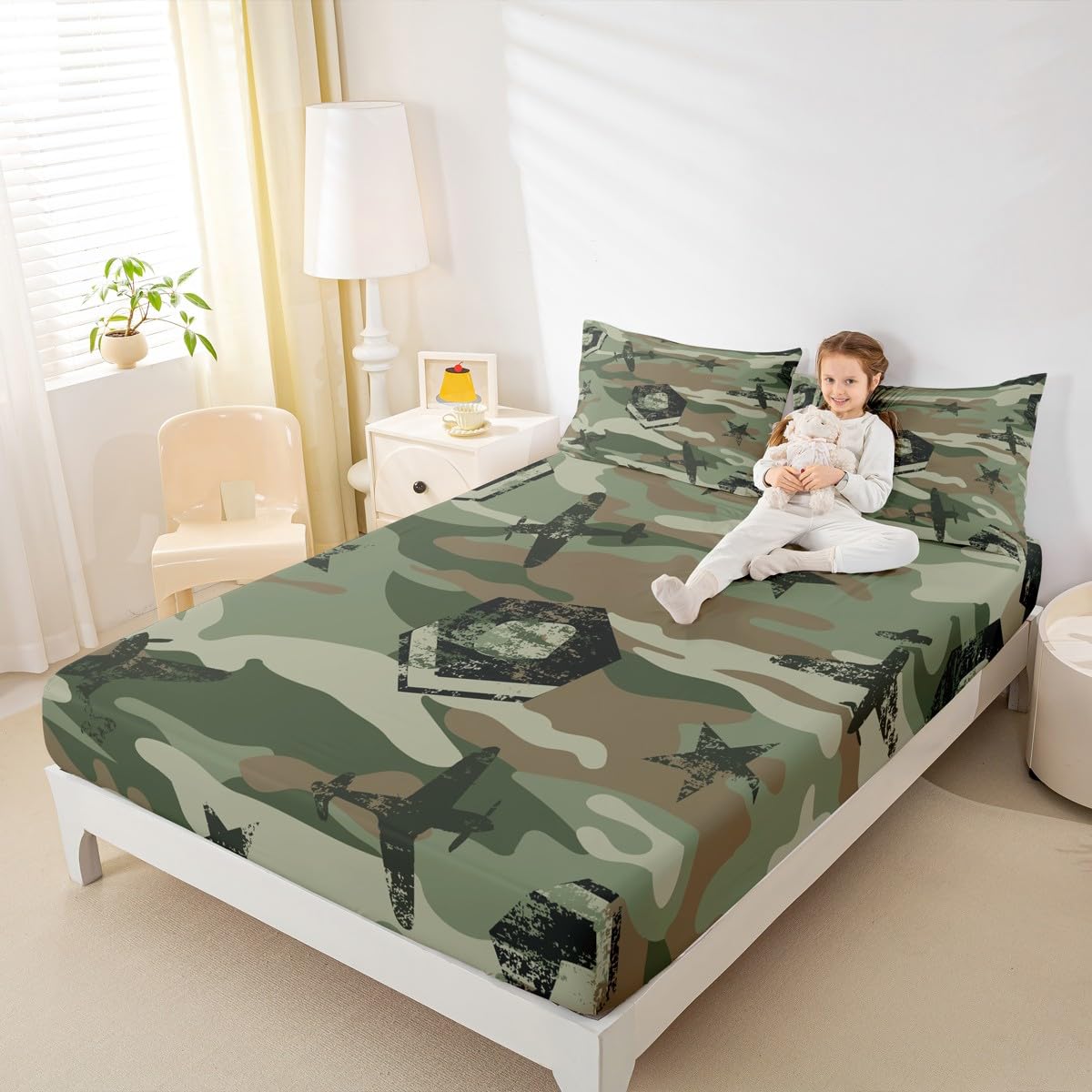 Kids Camo Airplane Bed Sheet Set Camouflage Airplane Decor Bedding Sheets for Teens Boys Military Aircraft Bedding Fitted Sheet Novelty Modern Army Green Bed Cover Bedroom Collection 3Pcs Full Size
