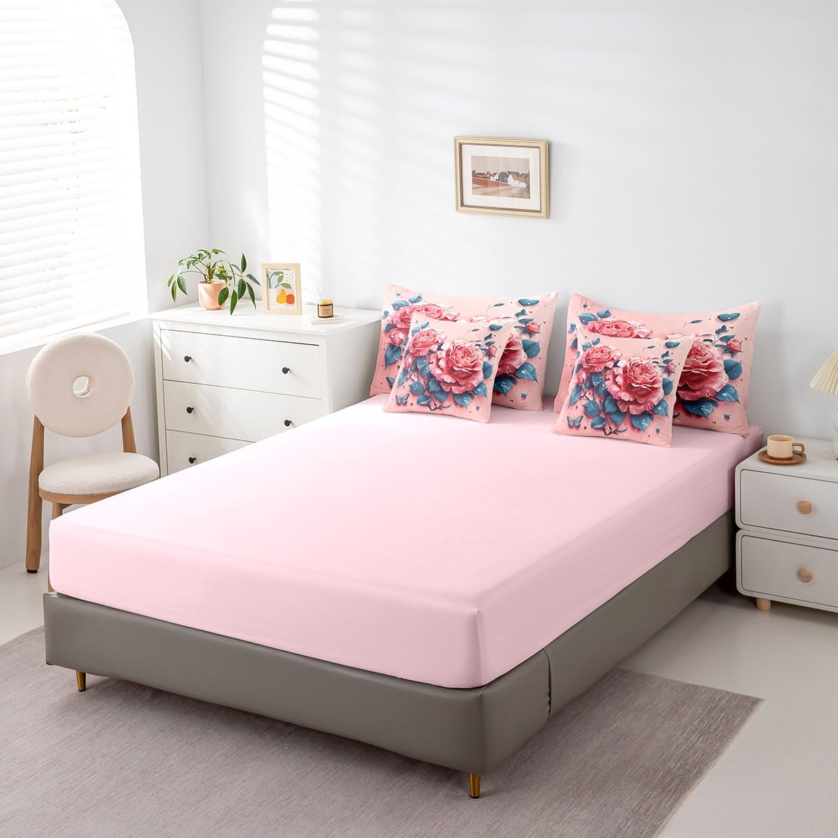 Feelyou Kids Rose Bed in A Bag Queen Size, Valentine's Day 7 Pieces Bedding Set Boys Girls Rose Floral Flower Comforter Set with Sheets Romantic Teens Bed Set Bedroom Decor 7Pcs
