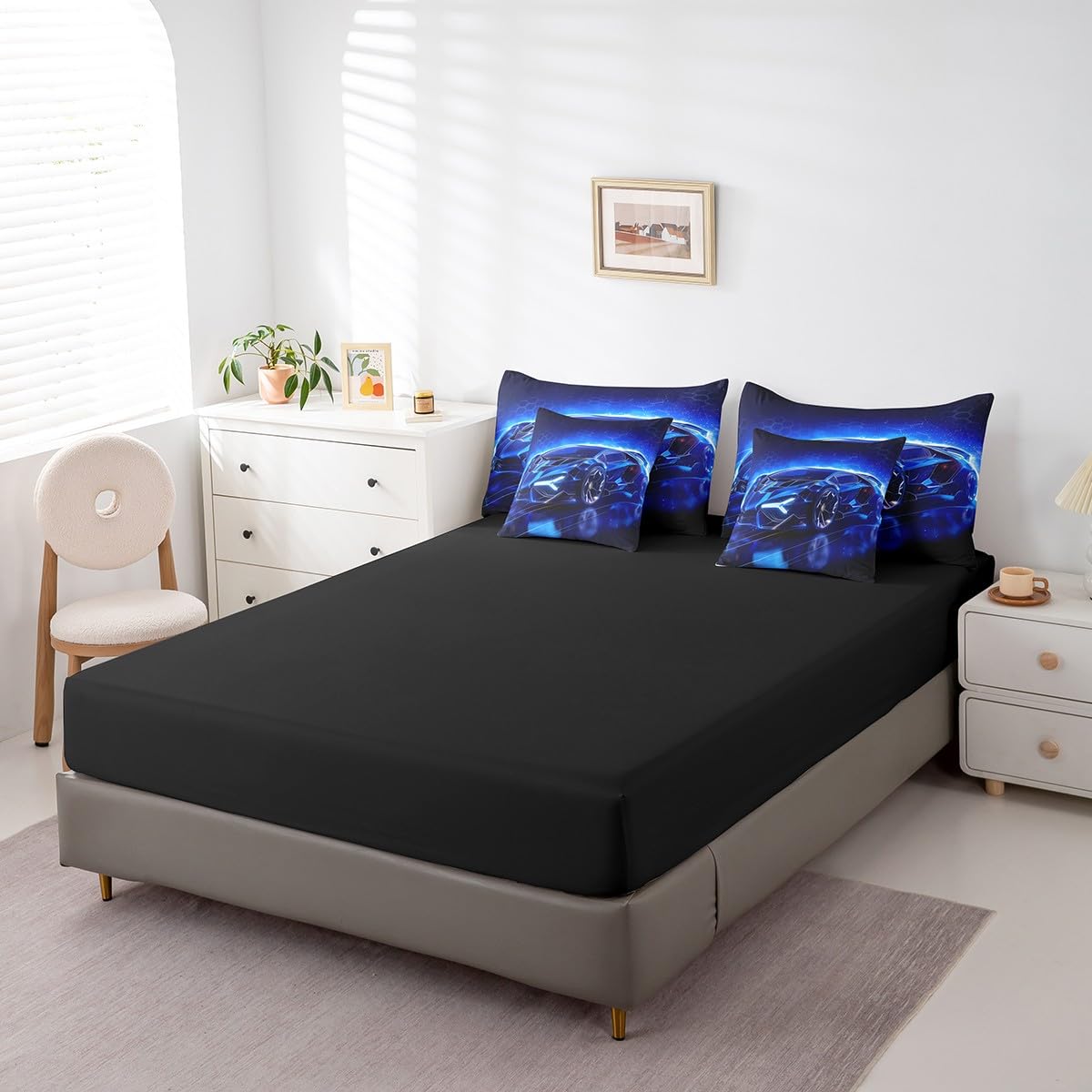 Feelyou Kids Boys Sports Car 7 Piece Bedding Set Full Size Blue Race Car Comforter Set with Sheets for Kids Teens Boys Girls Extreme Sports Theme Bed in a Bag Speed Luxury Car Bed Set