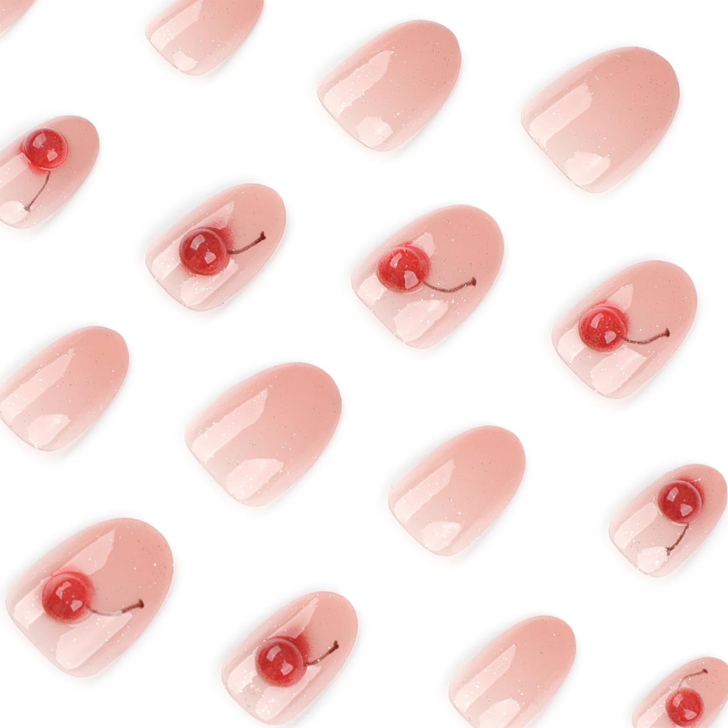 Oval Press On Nails Short – Pink Glitter Jelly Fake Nails with Cherry Accent, Glossy Acrylic Stick On Nails, Reusable 24PCS False Nails Kit with Glue & Tools for Women