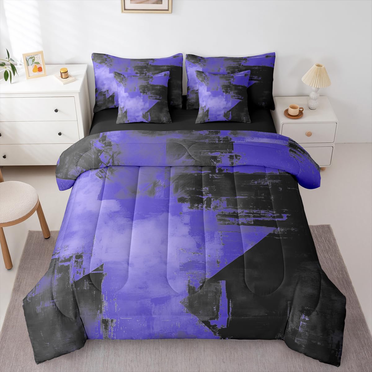 Feelyou Abstract Comforter Set King Size 7 Pieces Modern Abstract Art Bedding Set Luxury Bed in a Bag with Comforter, Sheets, Pillowcases, Cushion Covers Geometric Bedroom Decor Royal Blue