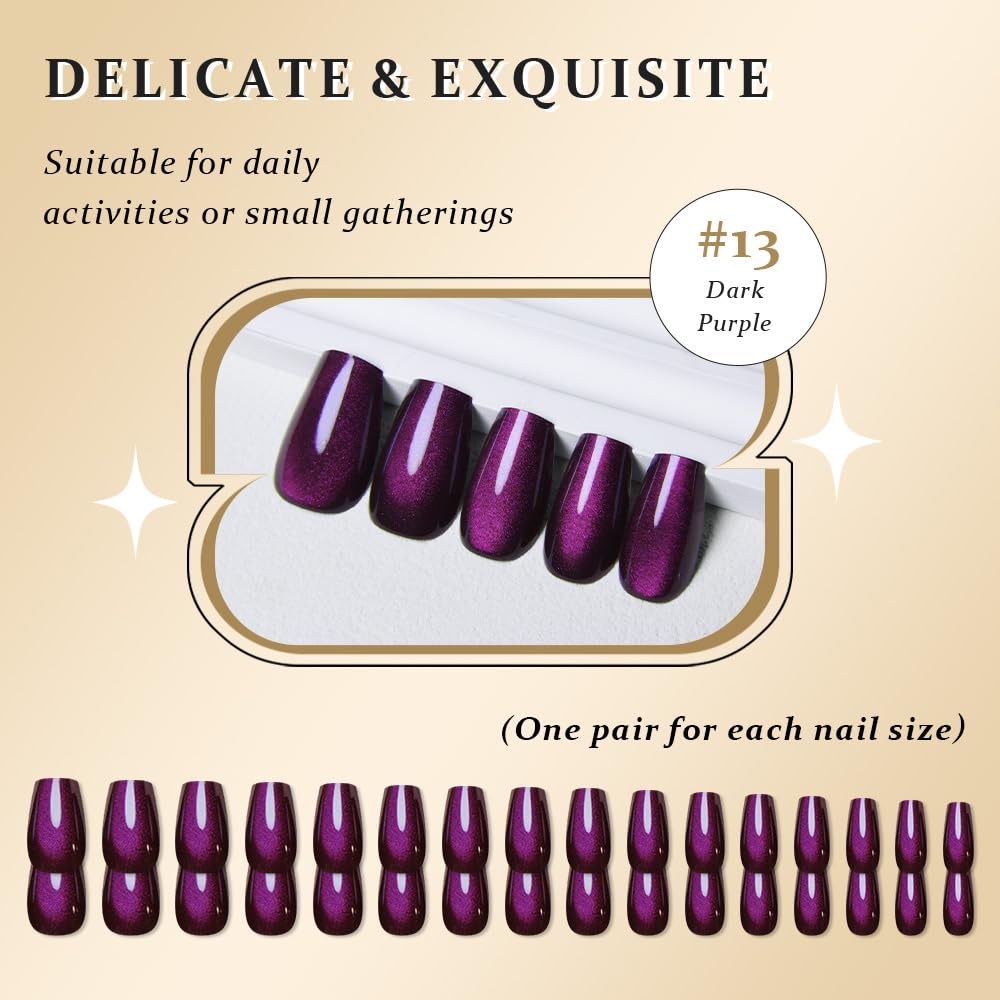 evpct Dark Purple Cat Eye Coffin Press on Nails Medium Square No Glue, Medium Square Stick on Nail for Women, Dark Purple Metallic Glitter Glossy Reusable Soft Press on Acrylic Fake Nail with Design