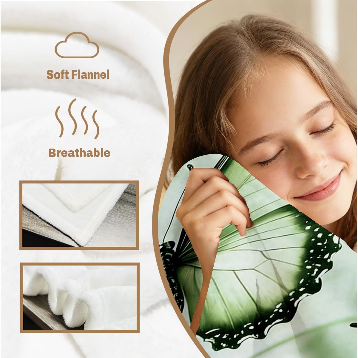 HUNXIAOJ Butterfly Throw Blanket for Couch Bed Green Girls Blanket Butterfly Decor Flannel Gift for Women Kids Girls Bedroom Living Room Home Decor 49"x59"
