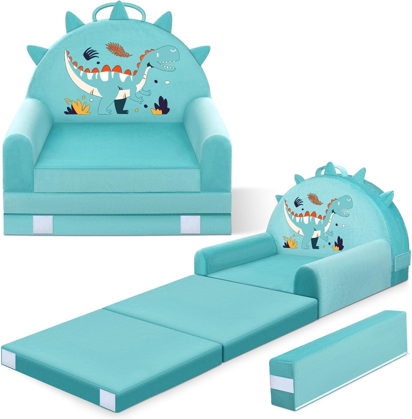 Dinosaur Kids Sofa Bed with Removable Washable Cover & Magic-Tape Backrest – Foldable Toddler Chair, Cozy Crystal Velvet Furniture for Playtime, Naps & Travel (Soft Ggreen, Dino Design)
