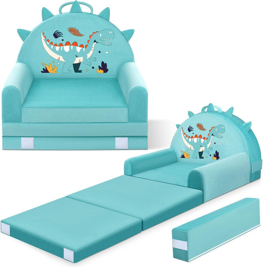 Dinosaur Kids Sofa Bed with Removable Washable Cover & Magic-Tape Backrest – Foldable Toddler Chair, Cozy Crystal Velvet Furniture for Playtime, Naps & Travel (Soft Ggreen, Dino Design)