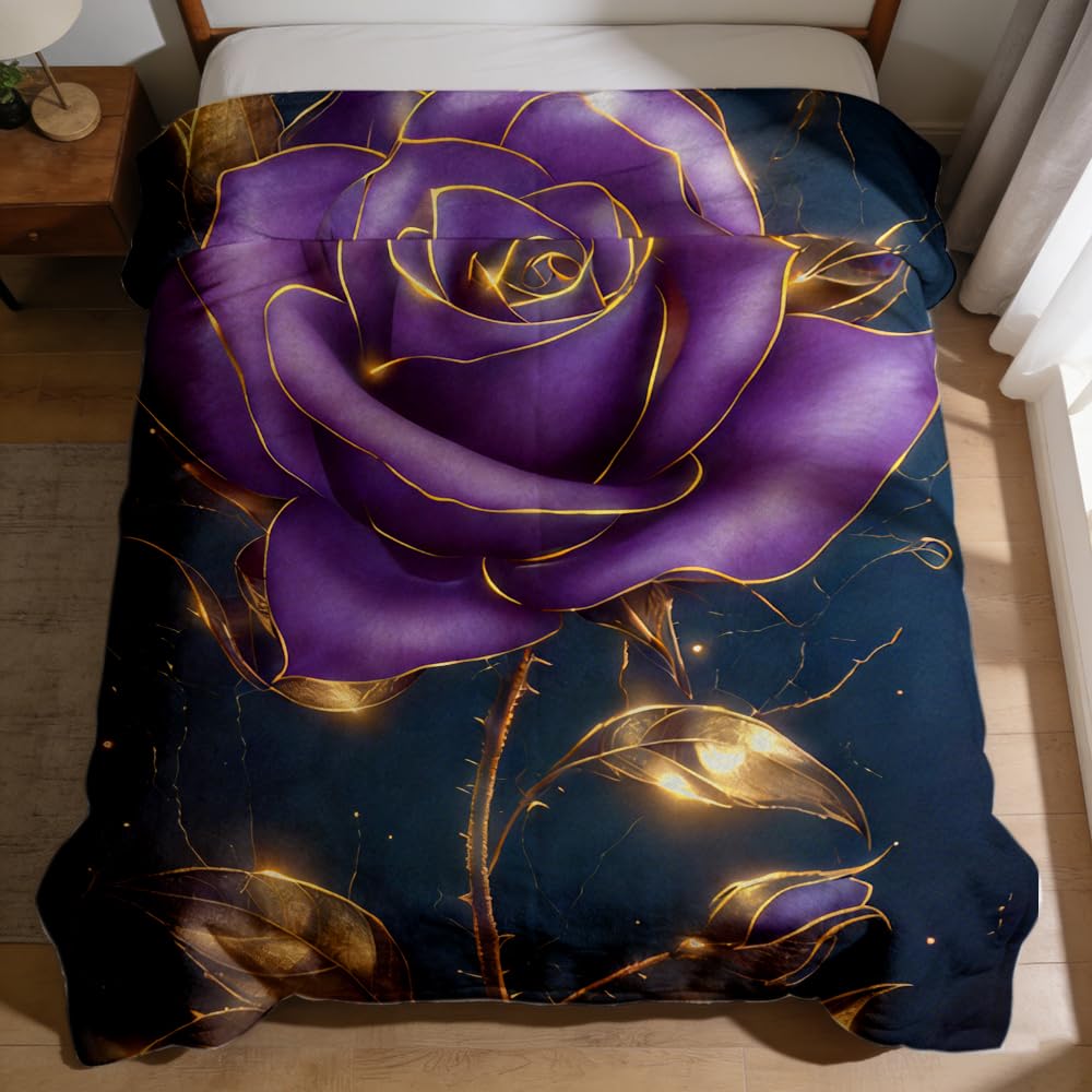 ZHOUSHUTONG Luxury Purple Gold Rose Flannel Throw Blanket, Soft Cozy Warm Elegant Floral Plush Blankets for Couch Bed Sofa, Glam Romantic Decor Blanket, Gift for Rose Lovers 49"x59"