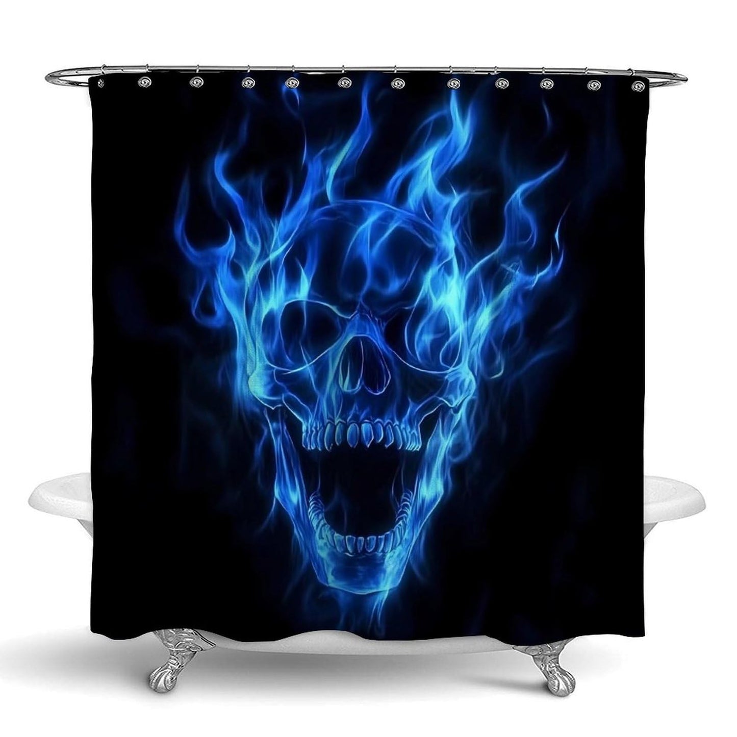 Fashion Hotel Bathroom Decorative Shower Curtain with Hooks, Fire Flaming Blue Cool Skull Waterproof Lightweight Shower Curtain