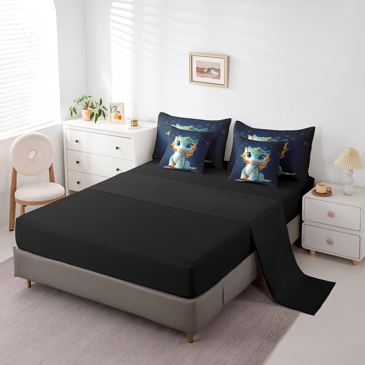 Feelyou Dragon Comforter Set with Sheets Twin Size Dragon Stuff Bed in a Bag for Boys Girls Teens Wild Life 7 Pieces Bedding Set Dragon Decor Bed Set Room Decor Navy Blue