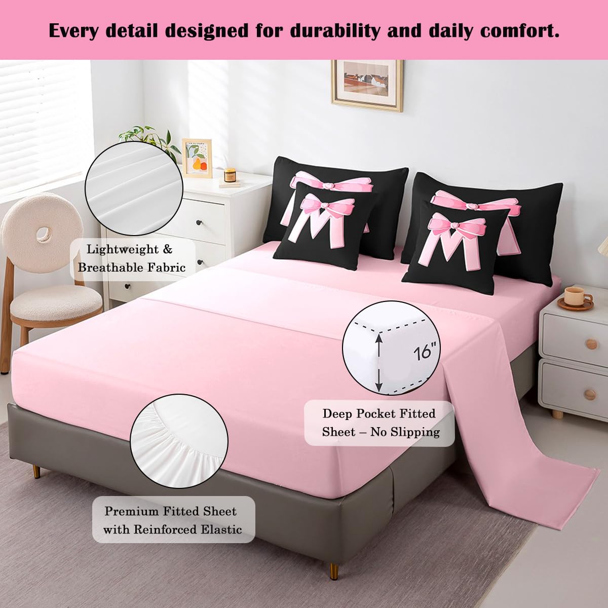jejeloiu Kawaii Pink Bow Twin Comforter Set with Sheets,Gifts for Women Teen Girl,Personalized Initial Letter M 7 Piece Bedding Set,Soft Monogrammed Bed in a Bag with Comforter,Sheets,Pillowcases