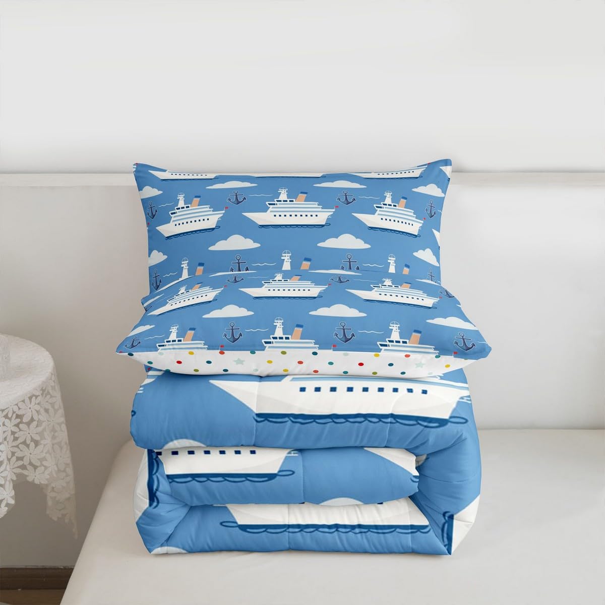 Erosebridal Boys Nautical Sailboat Bedding Set Full, Ocean Ship Comforter Set, Boat Anchor Comforter, White Cloud Blue Sky Nautical Quilt for Kids Teens Youth Men Bedroom, 3 Piece