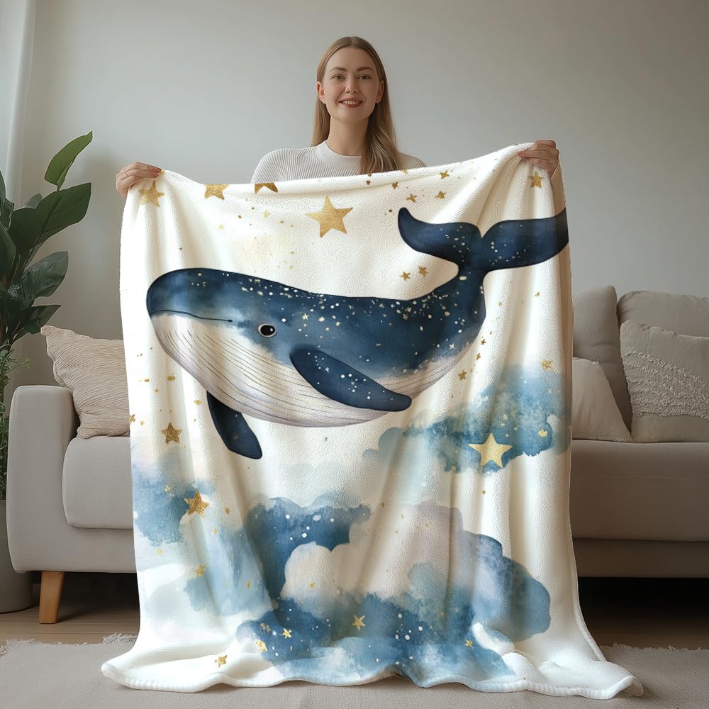 HUNXIAOJ Whale Throw Blanket Ocean Animal Blanket Whale Gift for Kids Warm Soft Flannel for Girls Boys Woman Teens Adults Bed Sofa Couch (49in x 59in)