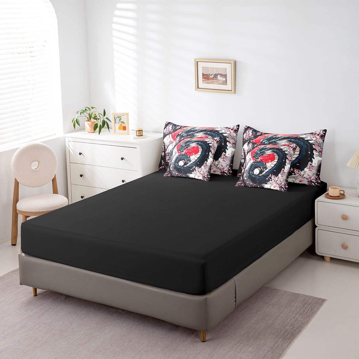 Erosebridal Japanese Dragon Queen Bedding Set 7 Piece,Pink Cherry Blossom Bed Set for Kids Boys Girls,Oriental Style Aesthetic Floral Bedding Comforter Sets with Fitted Sheet,Flat Sheet,Pillowcases
