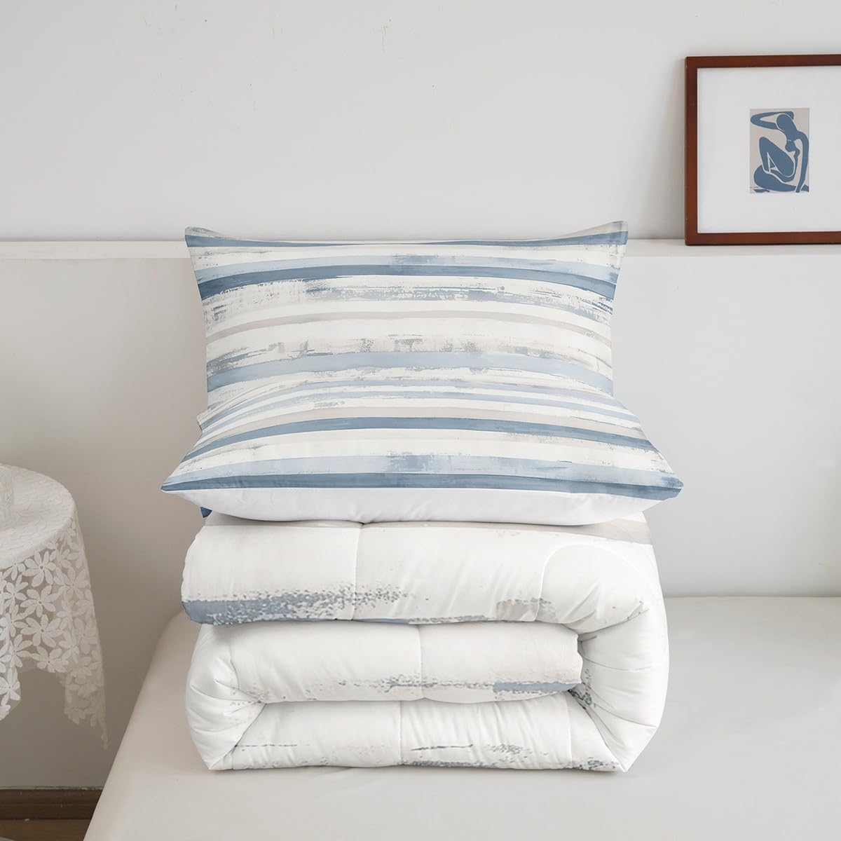 jejeloiu Abstract Blue Comforter Set Twin Size Modern White Grey Striped Bedding Set for Kids Boys Girls Decor Geometric Simple Neutral Duvet Quilt Soft Microfiber Bedroom Decor,with 1 Pillow Case