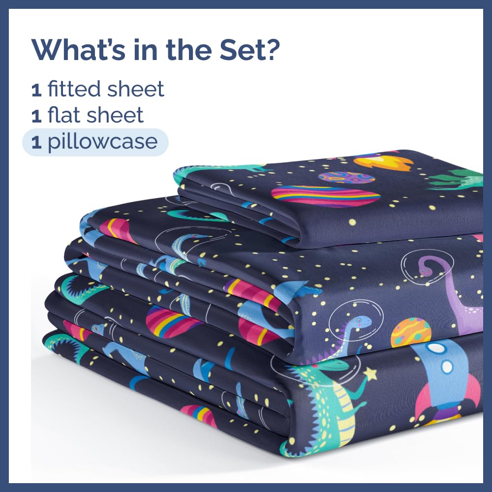 Kids Twin Size Bed Sheet Set - 3 Piece Kids Loft Bed Sheets - Space Dinosaur Themed Bedding - Soft, Cute - Breathable and Machine Washable - Colorful Dino Bed Set for Boys, Girls, Teens and Toddlers