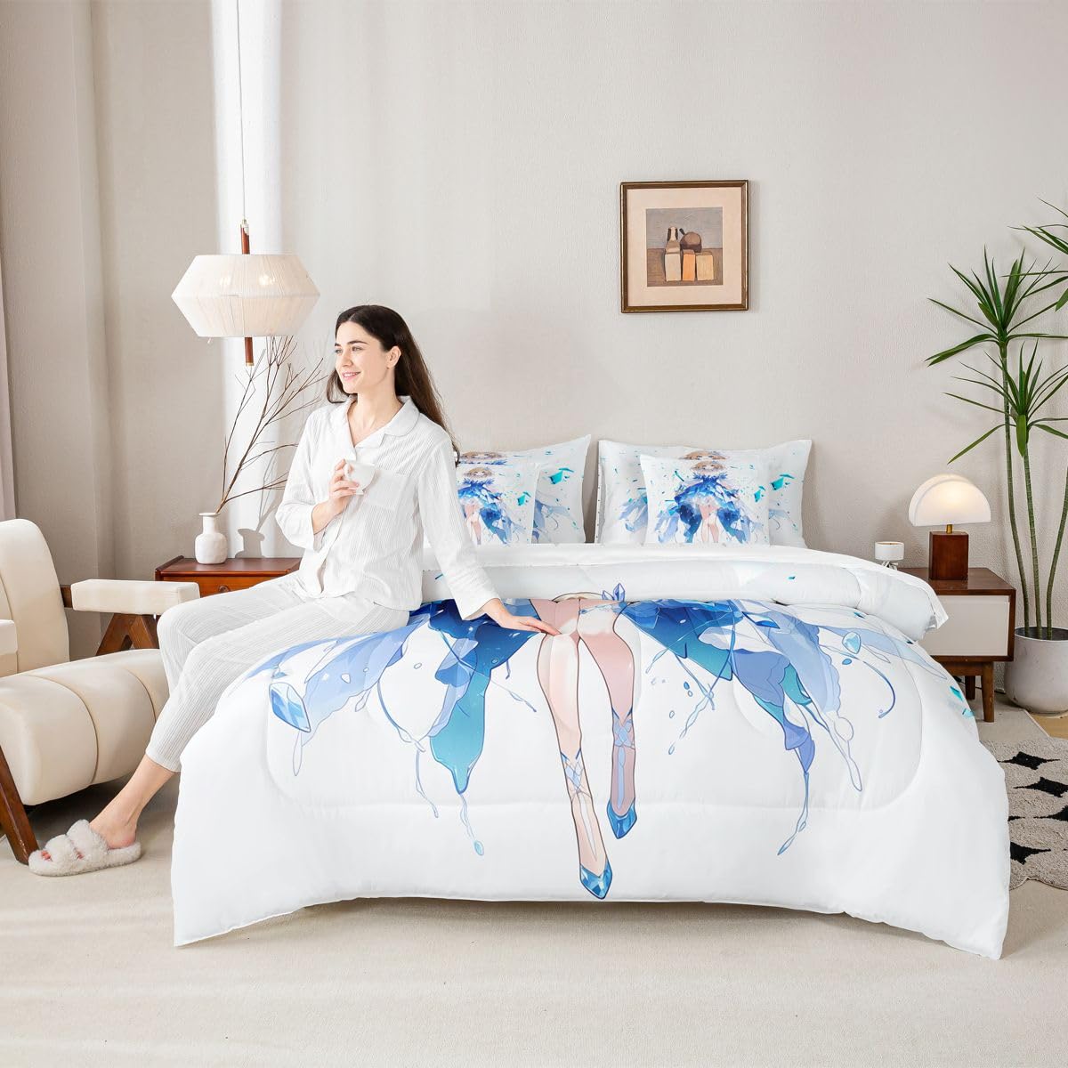 Erosebridal Anime Girl Twin Comforter Set 7 Piece Japanese Girl Bedding Set,3D Anime Cartoon Bed in A Bag for Kids,Japanese Style Sheet Set with Comforter(Blue)