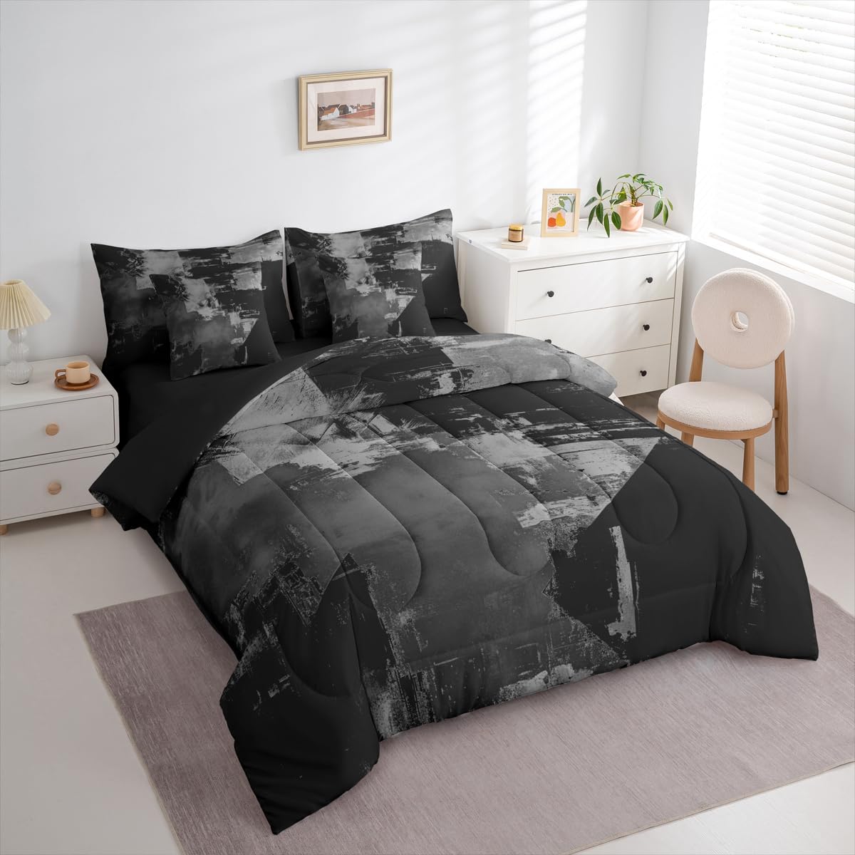 Feelyou Abstract Comforter Set with Sheets 7 Piece King Size Modern Abstract Art Bed in a Bag Kids Boys Girls Luxury Bedding Set Geometric Bedroom Decor Gray and Black Soft Lightweight Microfiber