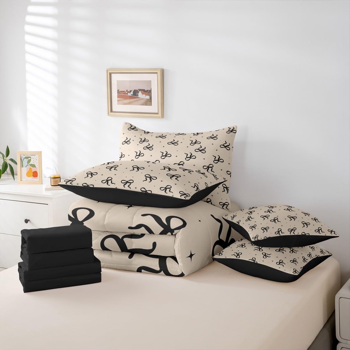 Erosebridal Black and Beige Bow Bedding Set 7-Piece for Girls Women Coquette Modern Fashion Twin Size Comforter Set with Sheets Preppy Aesthetic Girly Bow Bed in A Bag for Kids Teens Adults