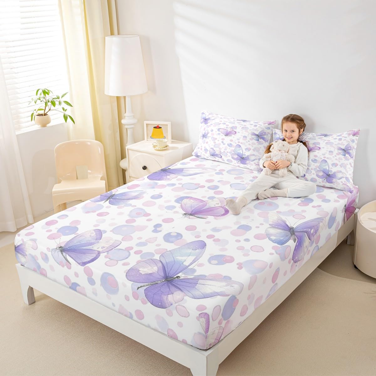 Feelyou Butterfly Fitted Sheet Twin Size for Kids Boys Girls Purple Balloon Bed Sheets Set 16" Deep Pocket Butterflies Printed Pattern Bedding with 1 Pillowcase Garden Room Decor