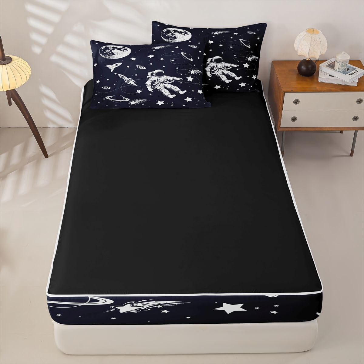 Feelyou Solar System Queen Comforter Set with Fitted Sheet Outer Space Zipper Bedding for Kids Teens Adults Universe Planets Zipper Bedding Sets Cute Astronaut Blue White Bed in A Bag Room Decor