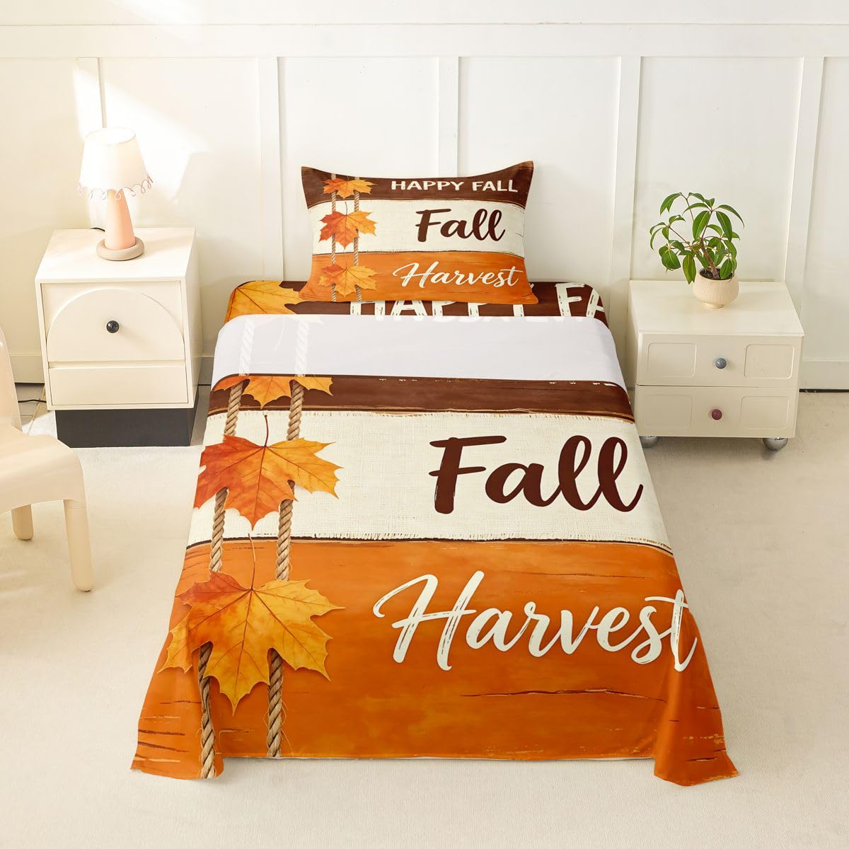 Erosebridal Happy Fall Bed Sheets Twin Size Rope Hanging Maple Leaf Sheet Set Kids Adults Rustic Plank Texture Bedding Set Modern Farmhouse Art Sheets