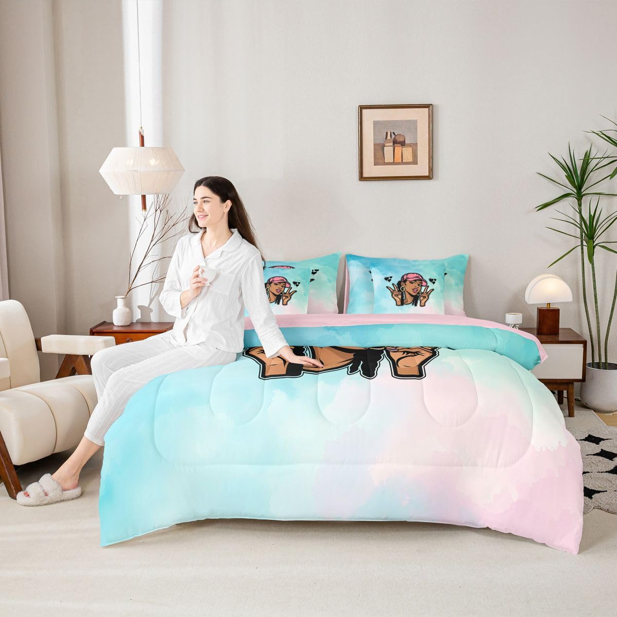 Erosebridal Cute Black Girl Twin Size Bedding Set Hip Hop Pink Hat Y2K 7 Pieces Comforter Set with Sheets for Teens Women Cool African American Bed in a Bag Tie Dye Gradient Pastel Bed Sets