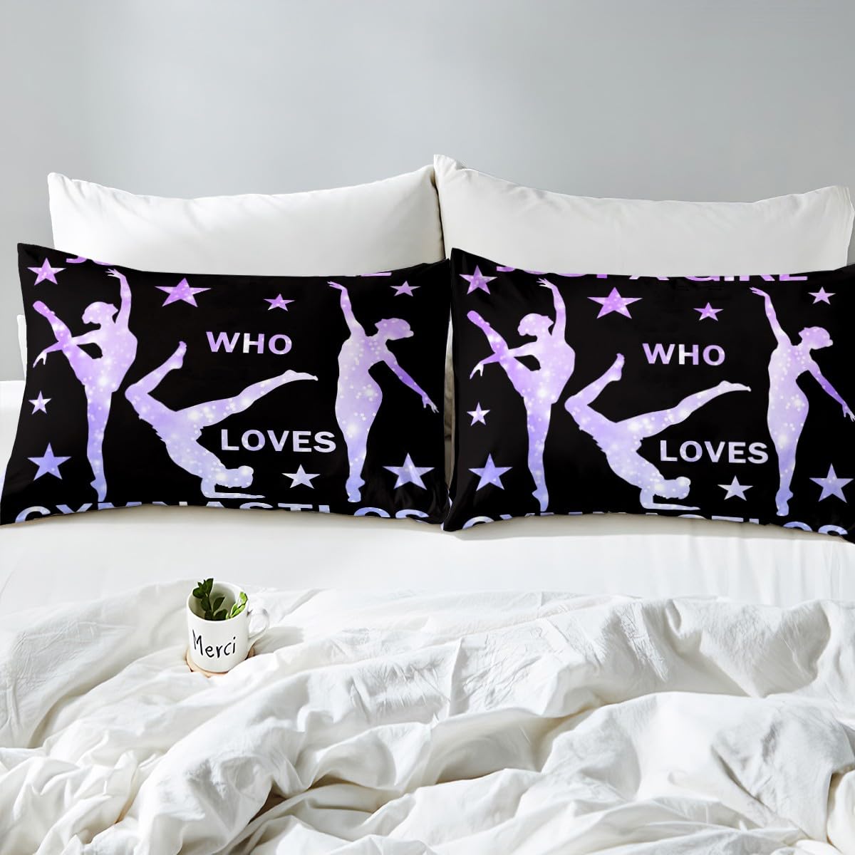 Gymnastics Fitted Sheet Girls Gymnastics Lovers Bed Sheet Set for Daughter Girls Kids Gymnast Sports Decor Bedding Set Purple Glitter Bed Cover Bedroom (No Flat Sheet) Twin Size