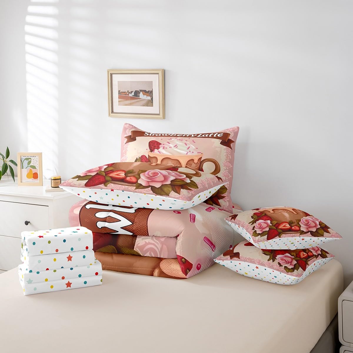 Erosebridal Strawberry Lattle Bedding Set for Kids Teens,Delicious Fruit Comforter Set Full Size,Girls Strawberry (Comforter+Fitted+Flat Sheet+2 Pillowcases+2 Throw Pillow Covers) 7 Pieces Bed Set