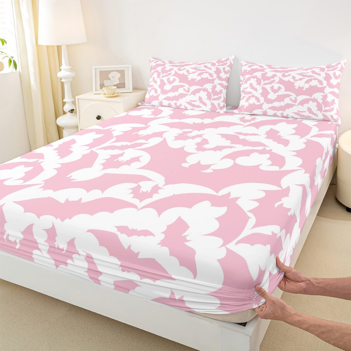 Castle Fairy Halloween Themed Bed Sheet Set for Boys Girls,Pink Bats Wild Animal Print Bed Sheet Set Full Size Bedding Set,Pink White Color Fitted Sheet and 1 Flat, 2 Pillow Sham