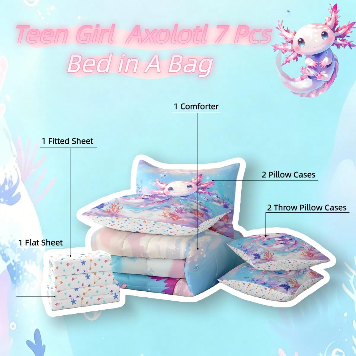 Erosebridal 7 Pieces Teen Girl Axolotl Bedding Set Queen Size - Kids Cute Axolotl Comforter Set with Sheets Cartoon Ocean Sealife Bed in A Bag with Flat Fitted Sheets Kawaii Salamander Bed Sets