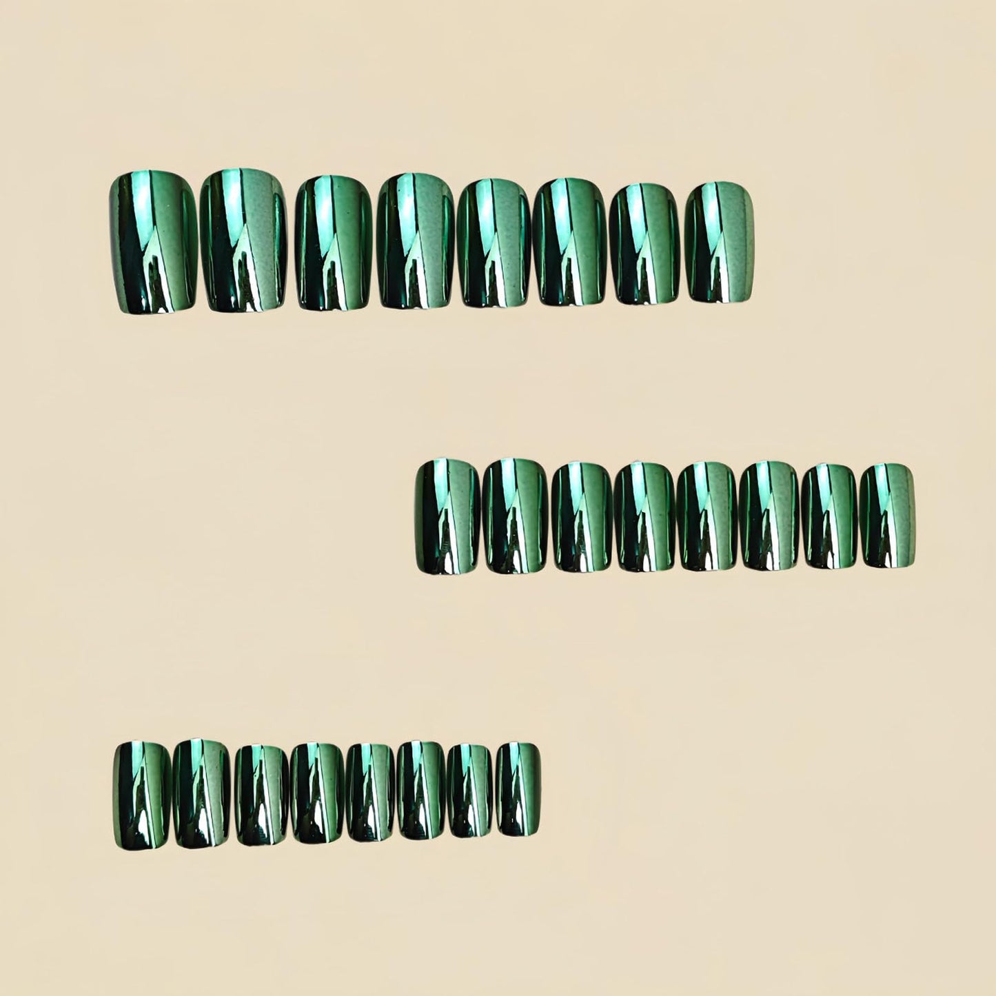 RUOKEXIN Medium Length Press on Nails Square Fake Nails Green Chrome False Nails Full Cover Nail Press ons Sparkly Artificial Nails for Women 24Pcs