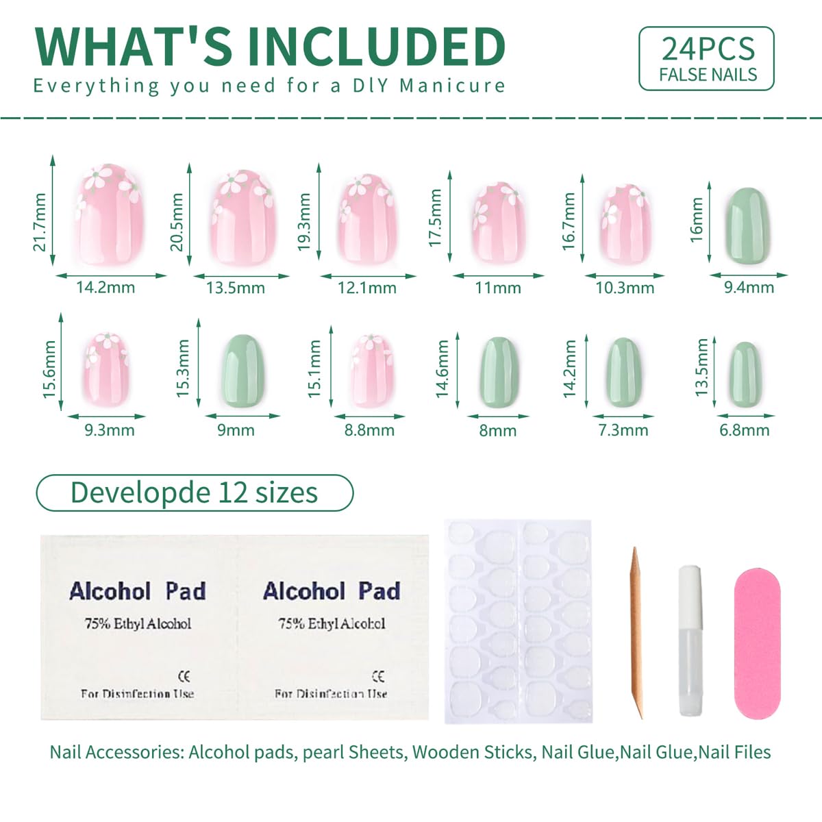 Mivota Short Oval Press On Nails green Pink False Nails with Flowe Finish Fashion Glossy Acrylic Press ons Nail Gel Stick On Nails Set Glue on Nails for Women & Girls, 24Pcs