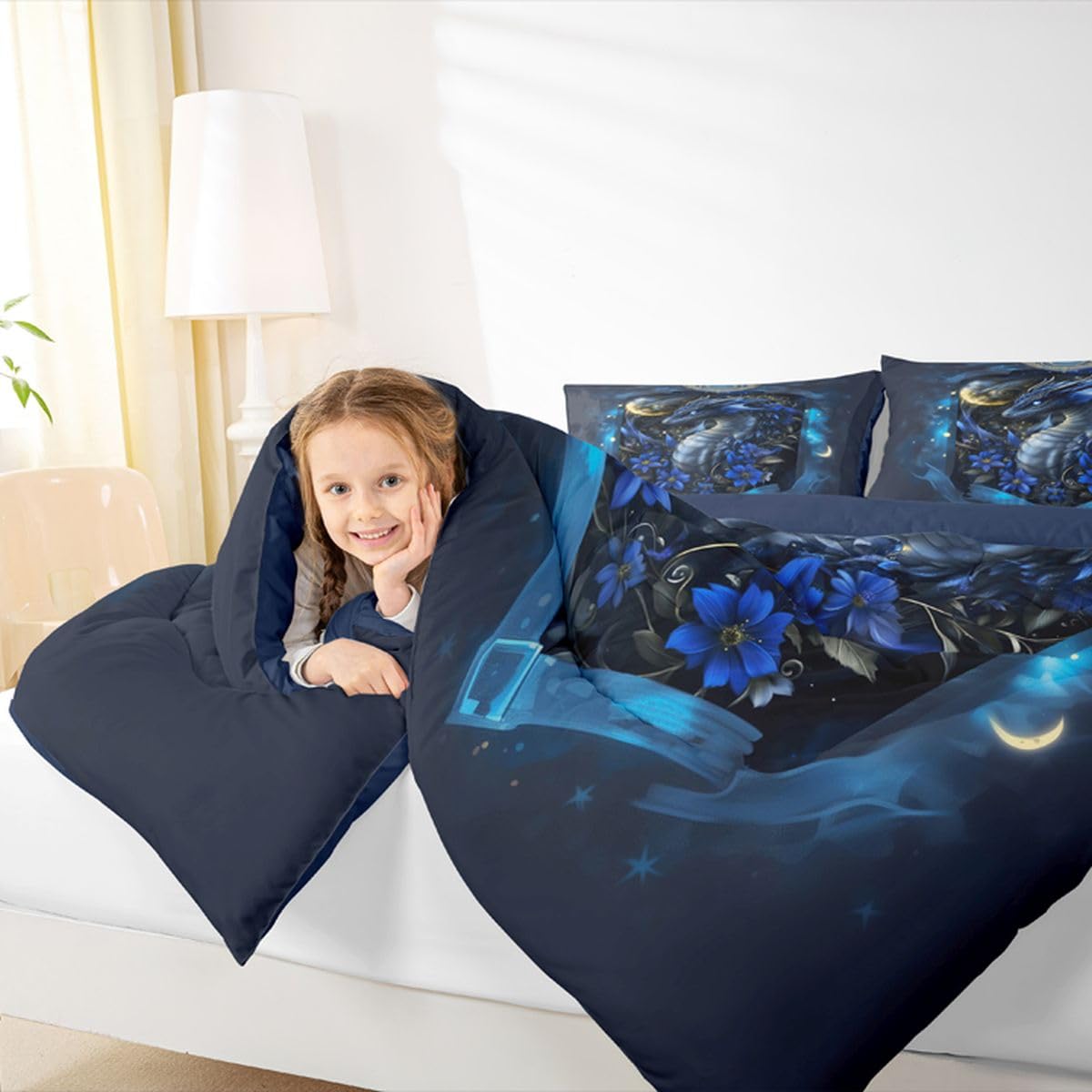 Feelyou Dragon Bedding Set Soft for Boys Girls, Wild Life Comforter Set Twin Size Jungle Dragon Duvet Quilt Microfiber Wild Animal Bedroom Decor Dull Blue 2 Pcs with 1 Pillow Cases