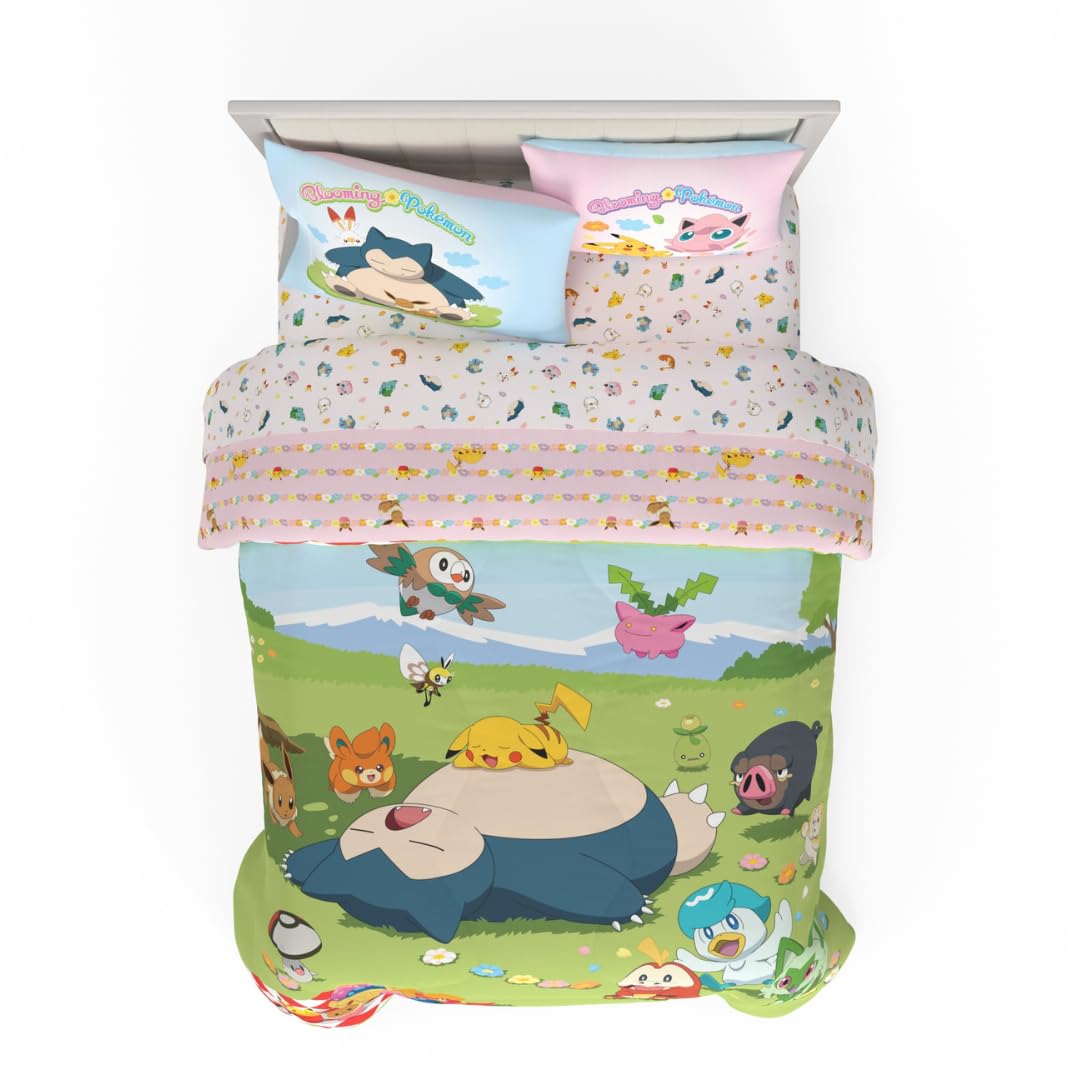 Pokemon Bedding Super Soft Comforter and Sheet Set with Sham, 5 Piece Full Size, Featuring Snorlax, Pikachu, Eevee & Jigglypuff (Officially Licensed Product) by Franco