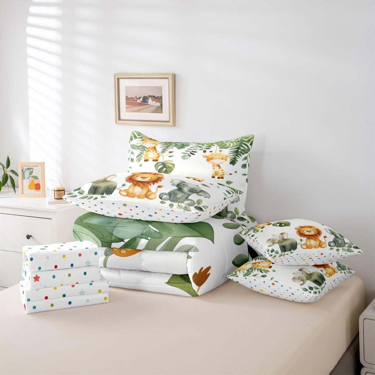 Erosebridal Cute Elephant 7 Piece Bedding Set King Leaves Comforter Set with Sheets Lion Giraffe Palm Leaf Hand Drawn Bed in a Bag Cartoon Animal Theme Elephant for Kids Boys Girls