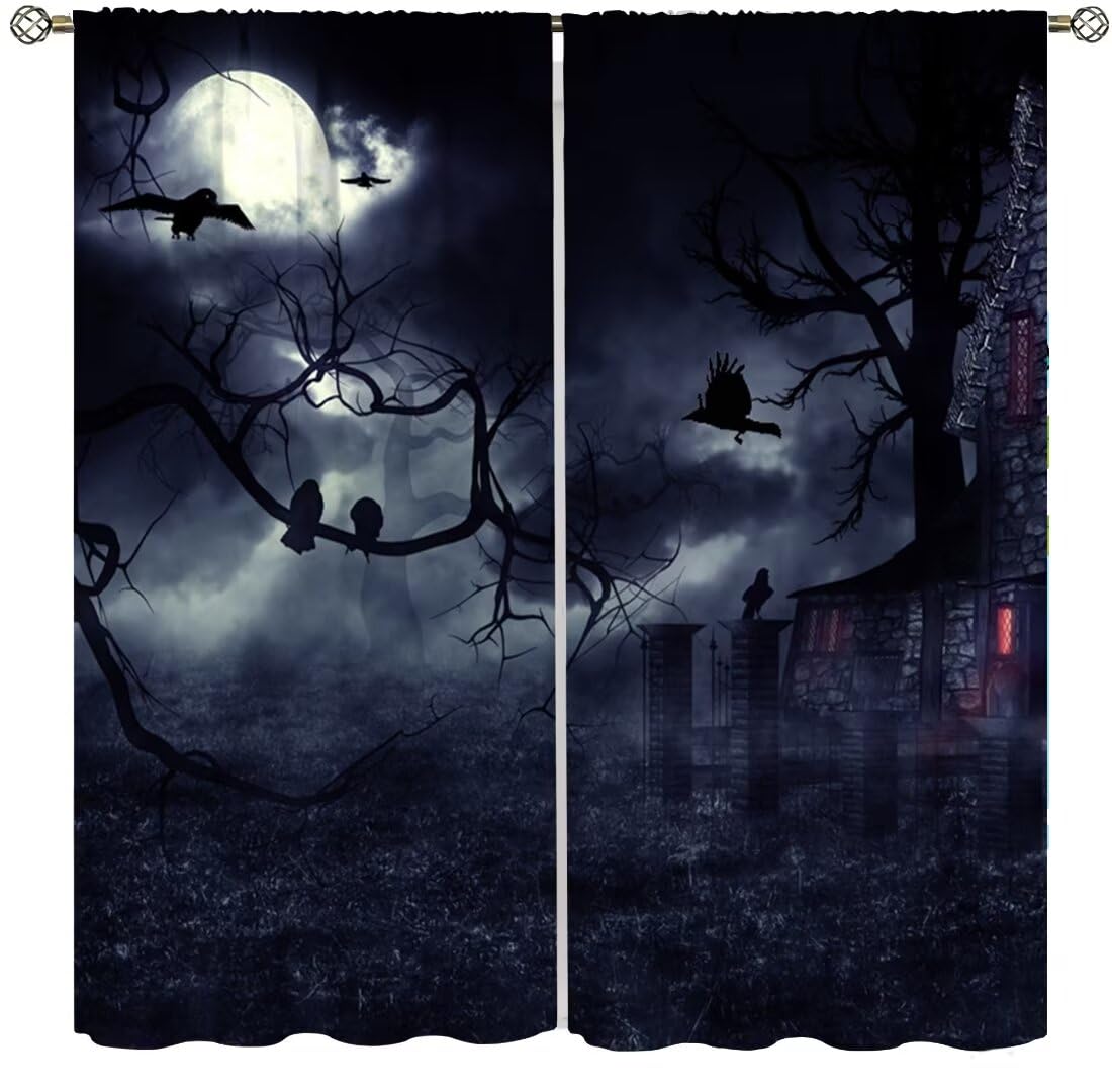 DDCBNS Gothic Curtains,Dark Forest Crow Black Raven Window Treatments for Bedroom Living Room Kitchen Horror Halloween Window Drapes 2 Panel Set,Total Size 42 x 45 Inch