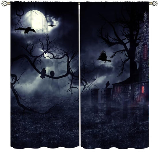 DDCBNS Gothic Curtains,Dark Forest Crow Black Raven Window Treatments for Bedroom Living Room Kitchen Horror Halloween Window Drapes 2 Panel Set,Total Size 42 x 45 Inch