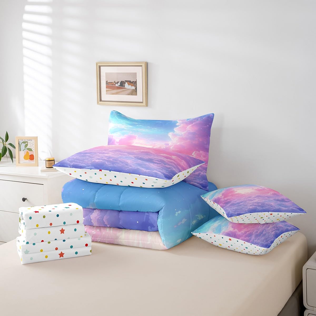 Cloud Sky 7 Pieces Bedding Set Twin Size Kids Girls Rainbow Bed in a Bag with Comforter, Sheets, Pillowcases Cute Lightweight Bed Set Breathable Ombre Starry Sky Room Decor Comforter Set with Sheets