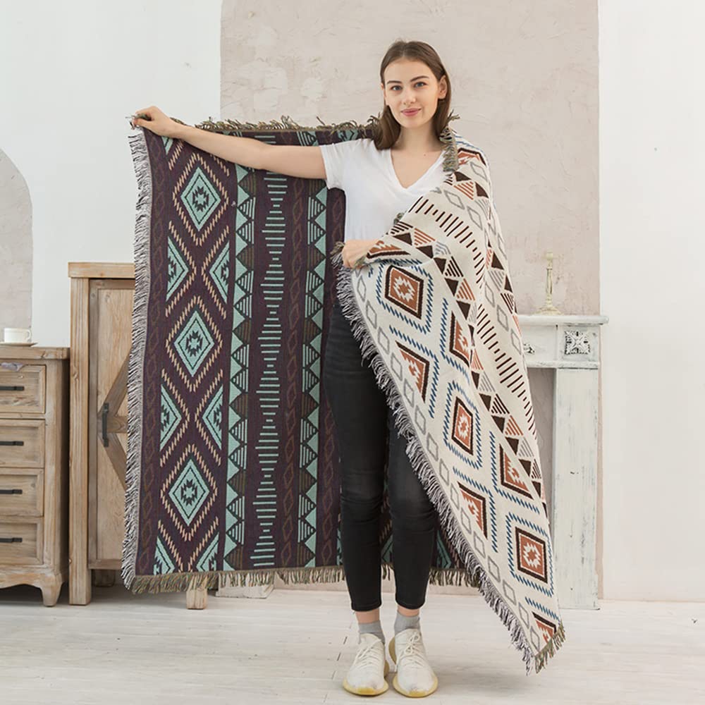Lqprom Boho Throw Blankets Knit Bed Blankets with Tassel Aztec Western Throws Cover Farmhouse Decor for All Season Sofa Couch Chair Outdoor Camping Picnic Tent Beach Car Traveling 63"x87"