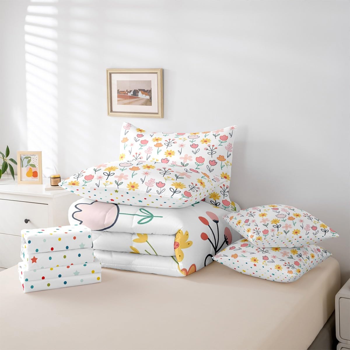 Feelyou Floral Comforter Set with Sheets 7 Piece Queen Size Plant Bedding Set for Kids Boys Girls Farmhouse Garden Bed in a Bag Cute Room Decor Pink Yellow White Soft Lightweight Microfiber