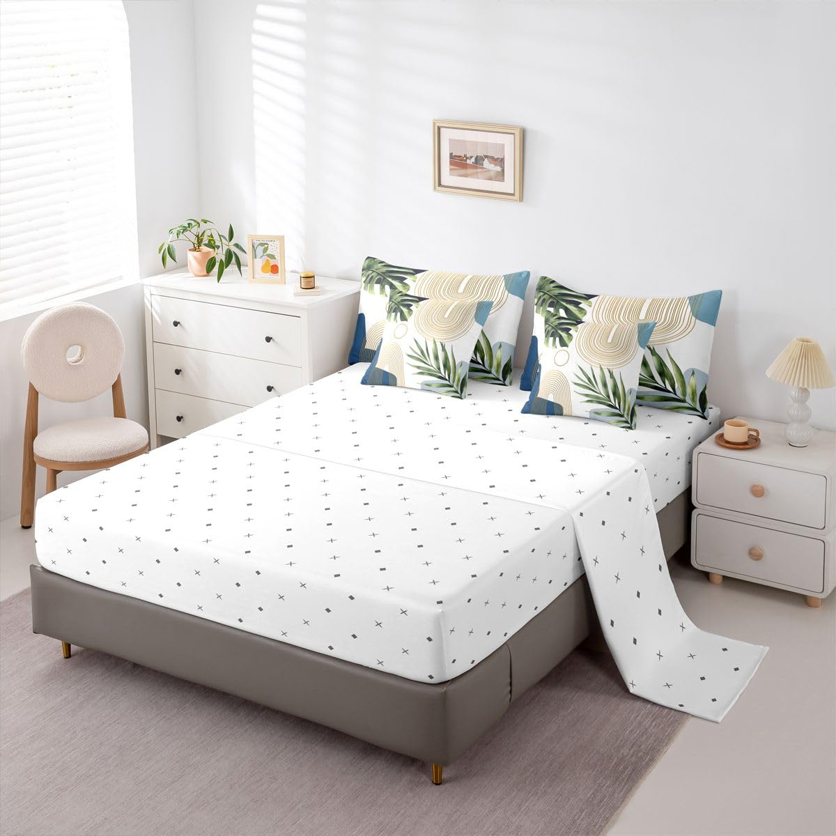 Erosebridal Boho Blue Green Full 7 Pcs Bedding Set, Mid Century Abstract Comforter Set with Sheets, Bohemian Tropical Palm Leaf Botanical Bed Sets, Modern Minimalist Geometric Aesthetic Bed in A Bag
