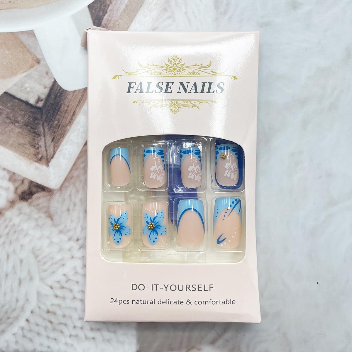 24Pcs Blue French Tip Press on Nails Short Square Fake Nails Glossy Design Full Cover Glue on Nails Gold Rhinestones Flower Artificial Nails Reusable Acrylic Stick on Nails for Women DIY Manicure